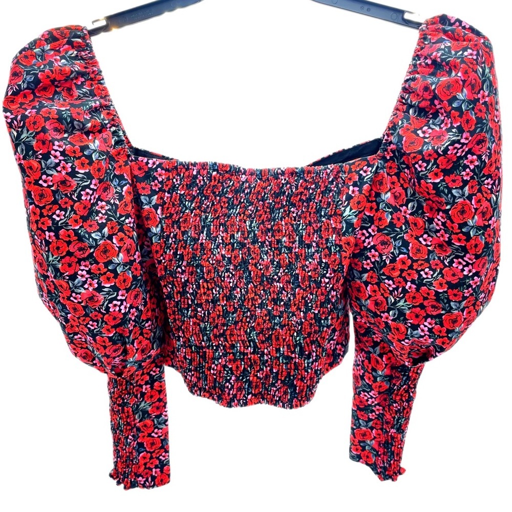 Zara Puff Sleeve Floral Crop Top Rose Print Sweetheart Ruched Blouse Size M - Picture 5 of 15